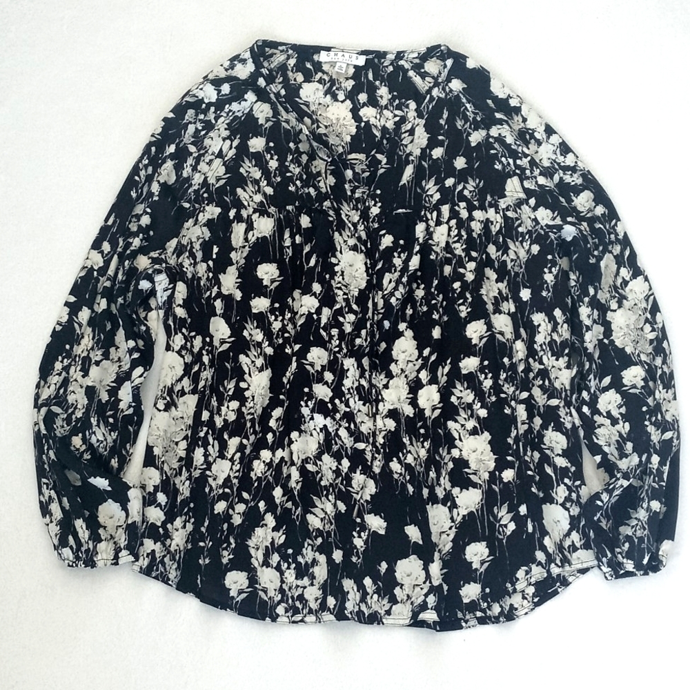 Chaus Women's Black with Cream Floral Motif Long Sleeve Peasant Style Blouse L
